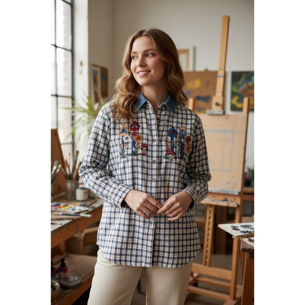Vintage Embroidered Gingham‎ Button Up Shirt Womens Blue Plaid Cottagecore